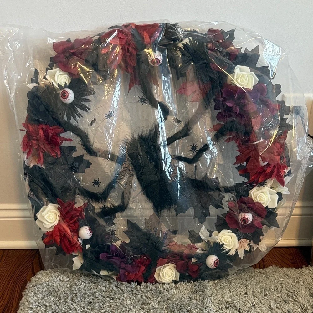 Halloween Gothic Wreath Red Black Flowers Spiders Front Door Decor Handmade